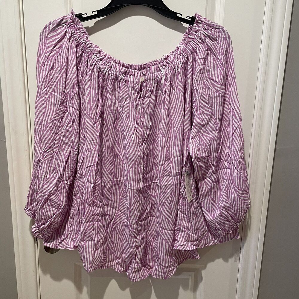 Terra And Sky off the shoulder swing blouse Size 1X 16/18 NWT purple and white